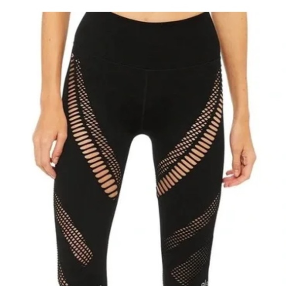 ALO YOGA RADIANCE BLACK NET MESHY PERFORATED SEAMLESS LEGGING CROP ANKLE PANTS L - Picture 2 of 10